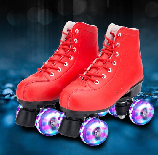 Big Red Cowhide Double Row Skates With Flashing Wheels And Wear Resistant Shoes & Bags