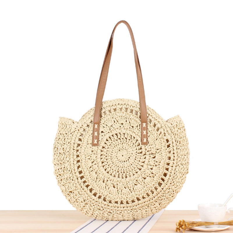 Simple Round Shoulder Bag Straw Handbag Summer Beach Bags apparel & accessories