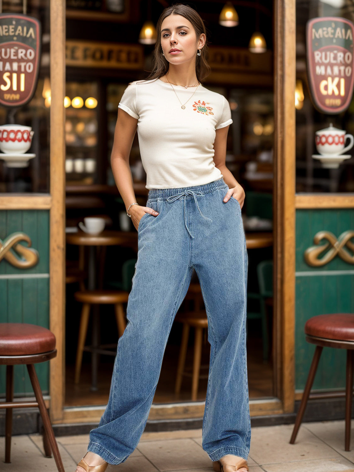 Drawstring Straight Jeans with Pockets Bottom wear