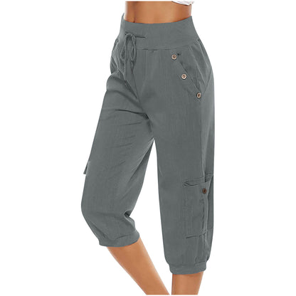 Women's Cropped Pants Cotton Linen Cargo Pocket Casual Pants apparels & accessories