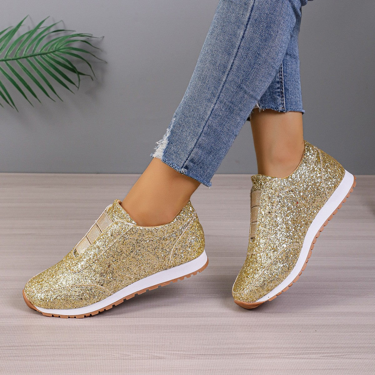 Gold Sliver Sequined Round Toe Slip-on Shoes Shoes & Bags