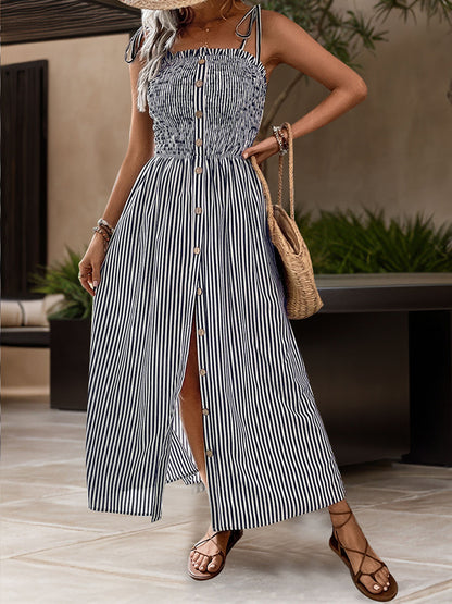 Tied Smocked Striped Sleeveless Midi Dress Dresses & Tops