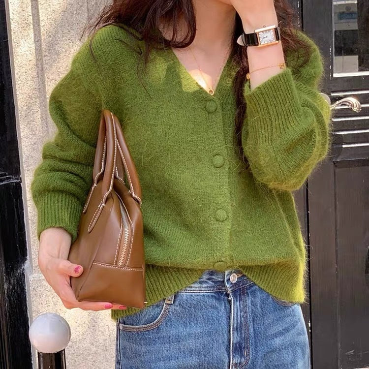 Knitted Vintage Avocado Green V-neck Lazy Style Sweater apparels & accessories