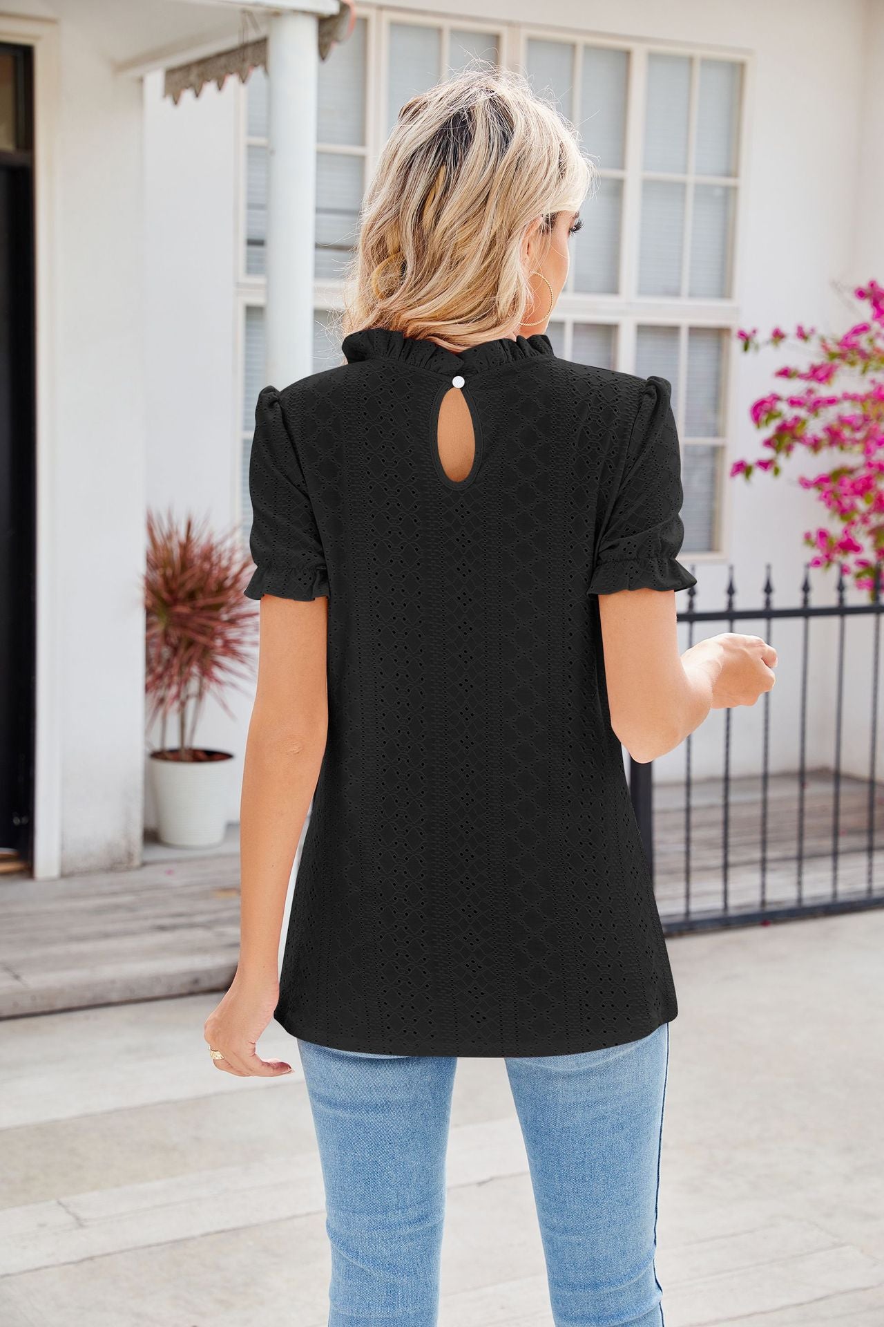Fashion Lacework Round Neck Top Summer Puff Sleeves Hollow Design Loose Pleated T-shirt For Womens Clothing apparel & accessories