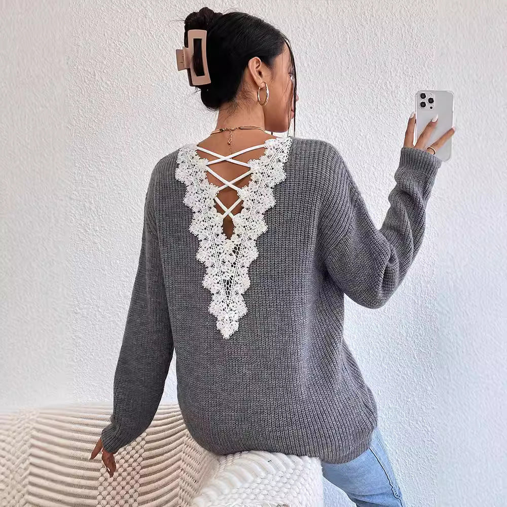 Lace Backless V-neck Pullover Long Sleeve Sweater apparels & accessories