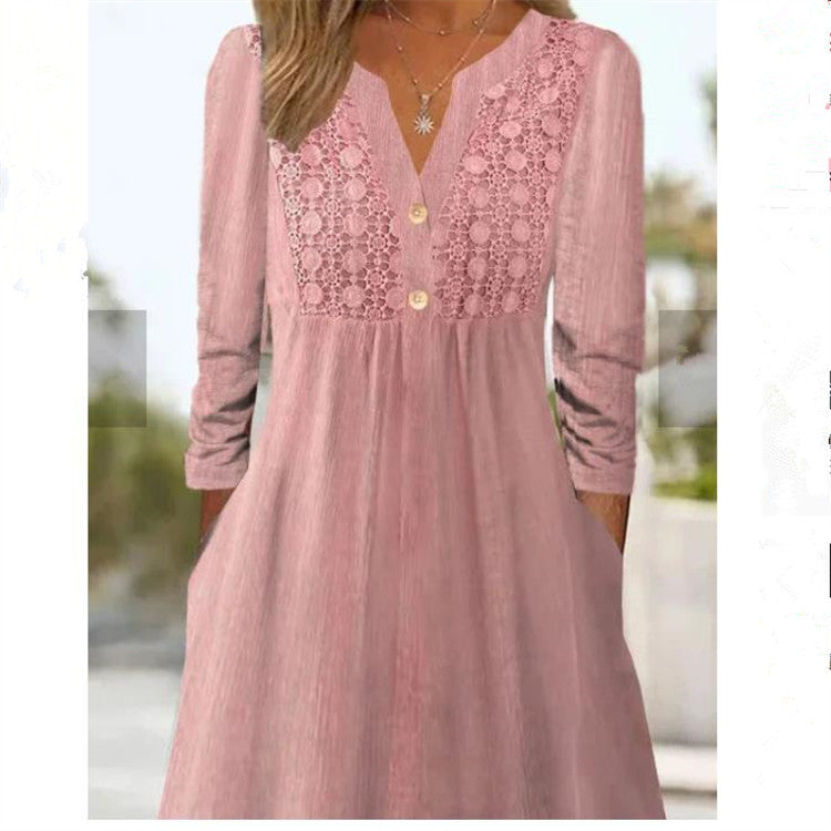 Women's Solid Color Loose Lace V-neck Casual Long Sleeve Mid-length Dress apparel & accessories