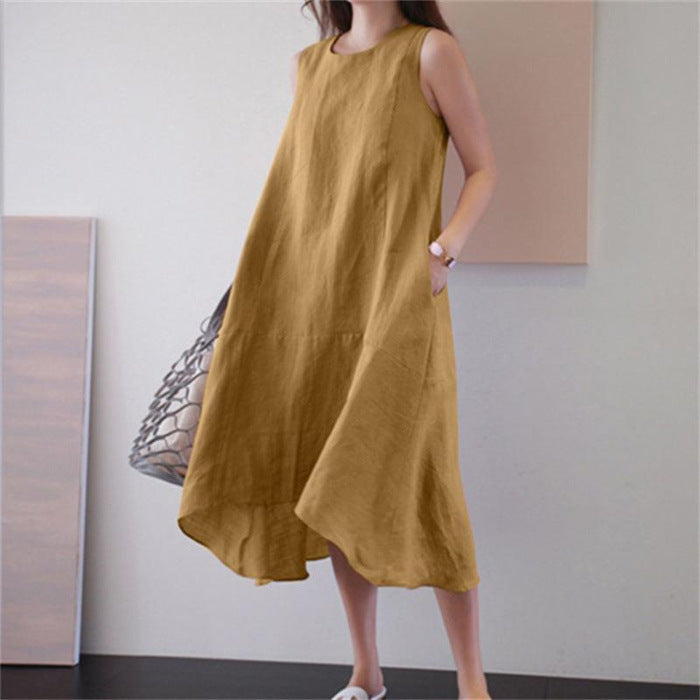 Round Neck Dress Sleeveless Plus Size Loose Solid Color Long Large Hem Vest Cotton Linen Dress apparel & accessories