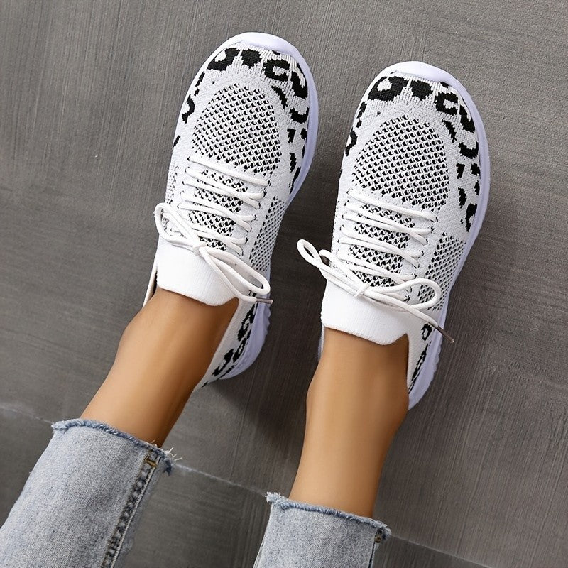 White Shoes Leopard Print Lace-up Sneakers Shoes & Bags