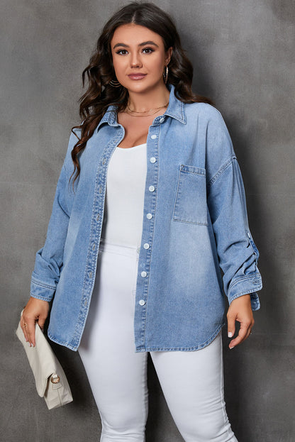 Plus Size Button Up Pocketed Denim Top Dresses & Tops