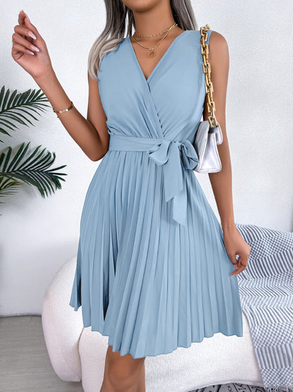 Tied Surplice Sleeveless Pleated Dress Dresses & Tops