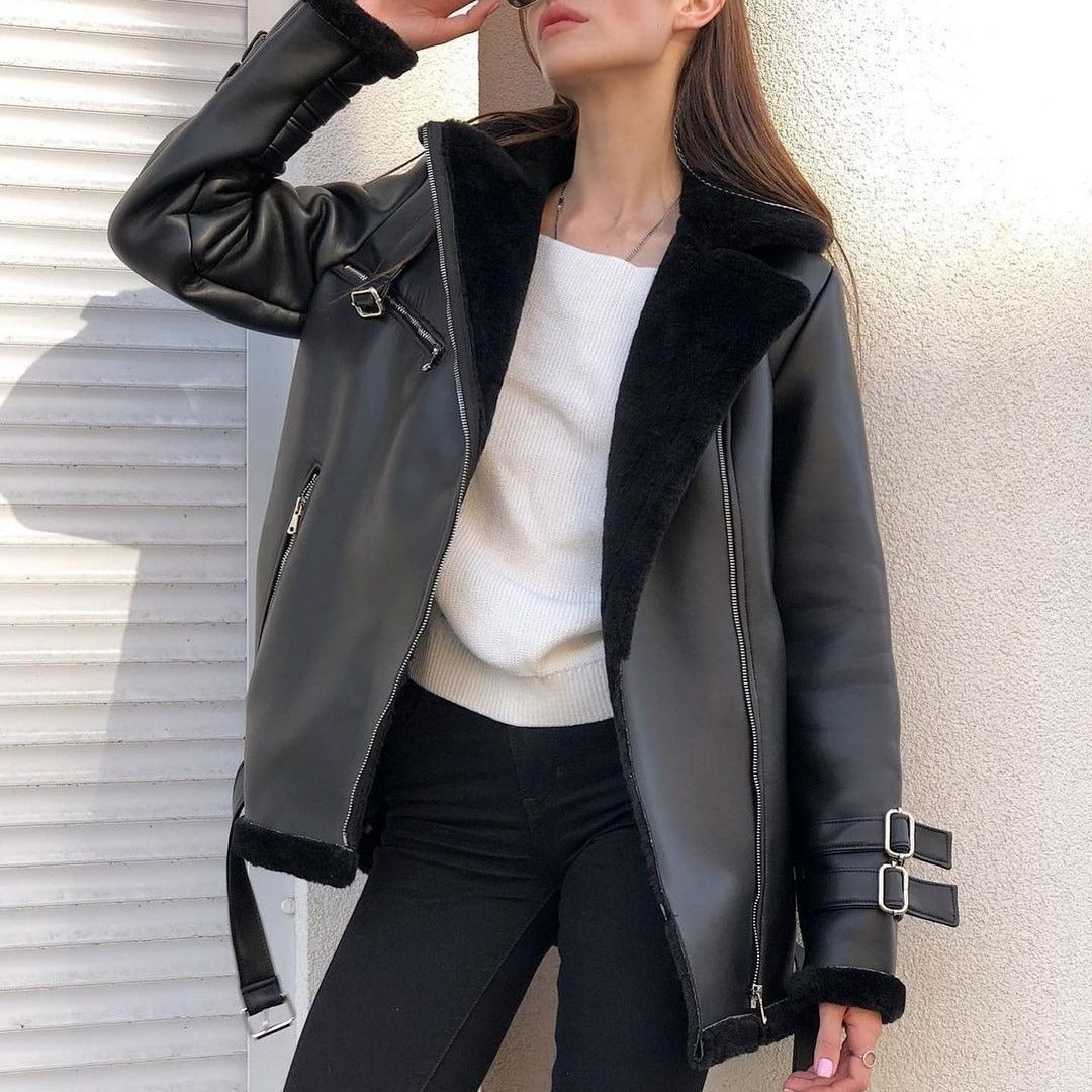 Suede Lapel Zipper  Solid Color Coat apparels & accessories