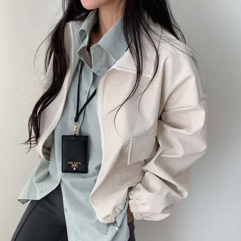 Lapel Double Zipper Pocket Long Sleeve Leather Coat apparels & accessories