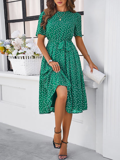 Printed Round Neck Short Sleeve Dress Dresses & Tops