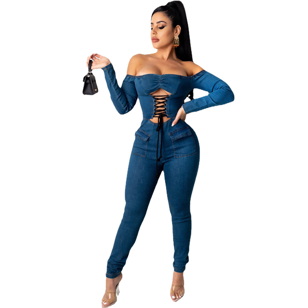 Women's One-piece Shoulder Strap Denim Jumpsuit apparel & accessories