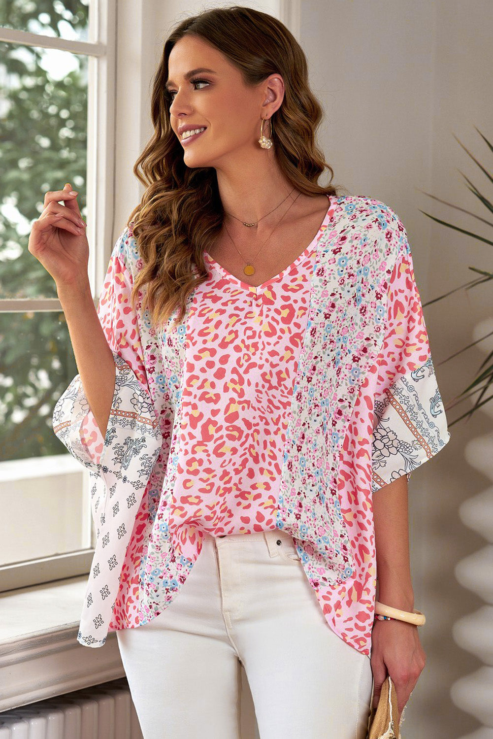 Mixed Print V-Neck Blouse apparel & accessories