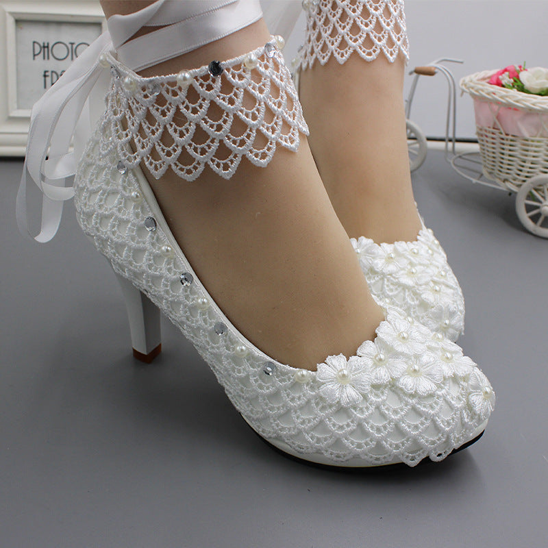 Lace-up White Wedding Dress Plus Size High Heel Women's Shoes Shoes & Bags