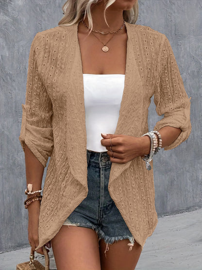 Eyelet Roll-Tab Sleeve Cardigan apparel & accessories