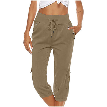 Women's Cropped Pants Cotton Linen Cargo Pocket Casual Pants apparels & accessories