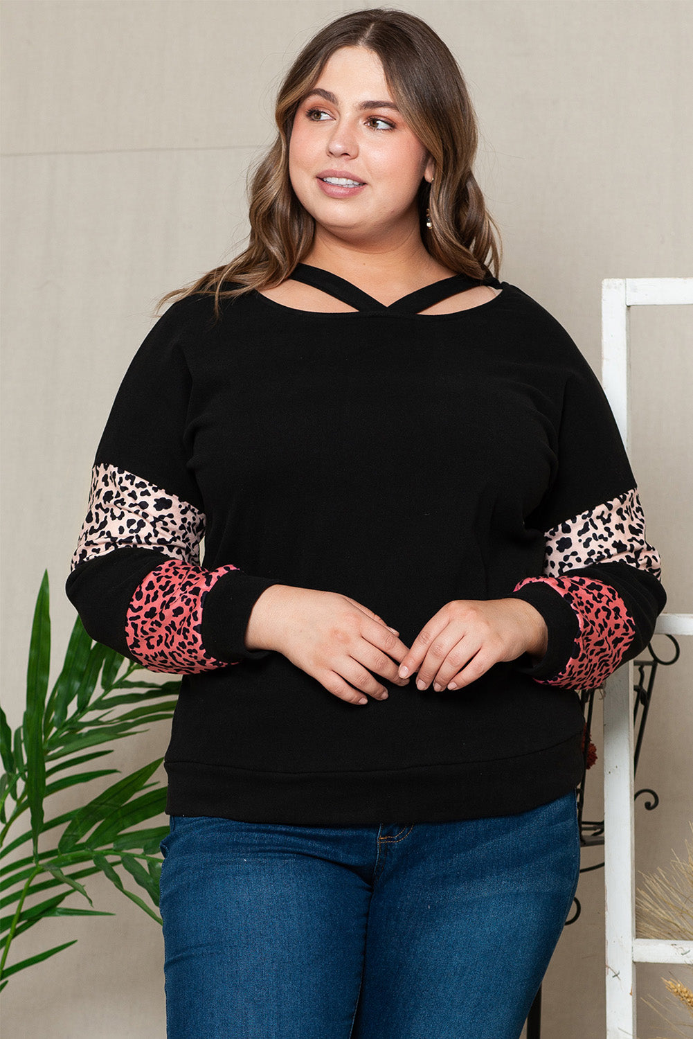 Plus Size Leopard Dropped Shoulder Long Sleeve T-Shirt Dresses & Tops