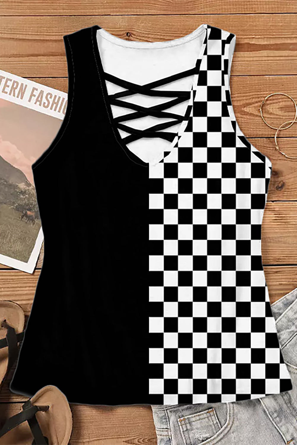 Crisscross Checkered Wide Strap Tank Dresses & Tops