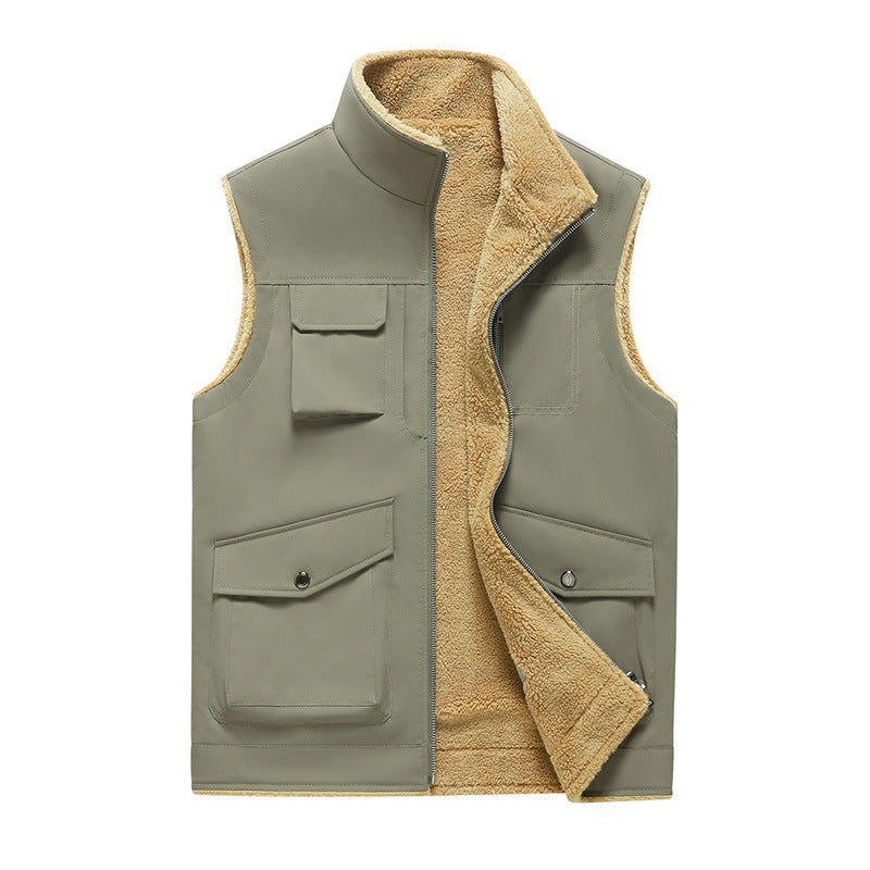 Multi-Pocket Workwear Vest Stand Collar Thin Velvet Vest apparels & accessories