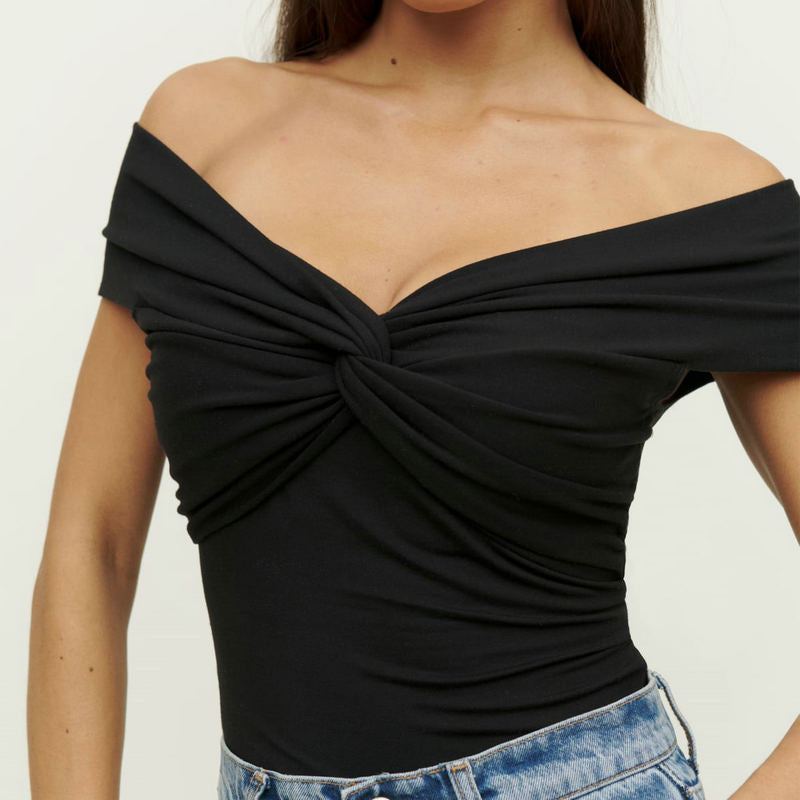 Summer Solid Color And V-neck Knitted Off-shoulder Slim-fit Crop-top apparel & accessories