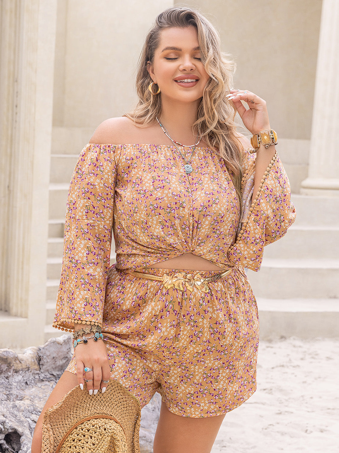 Plus Size Printed Off-Shoulder Top and Shorts Set Bottom wear