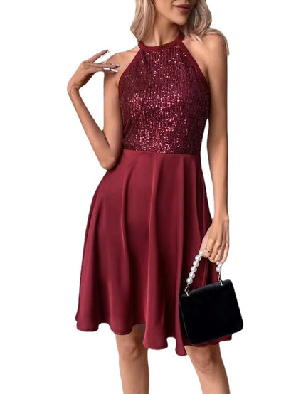 Summer New Sequin Stitching Sleeveless Slim Solid Color Dress Women apparel & accessories