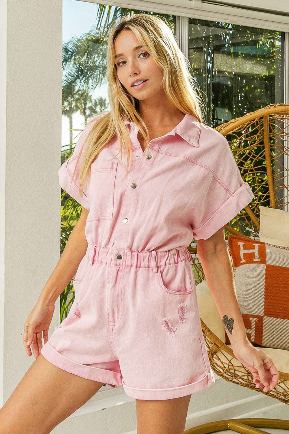 BiBi Distressed Half Snap Short Sleeve Denim Romper Bottom wear