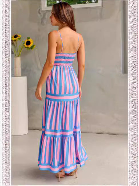 Striped Printed Suspender Long Dress apparel & accessories