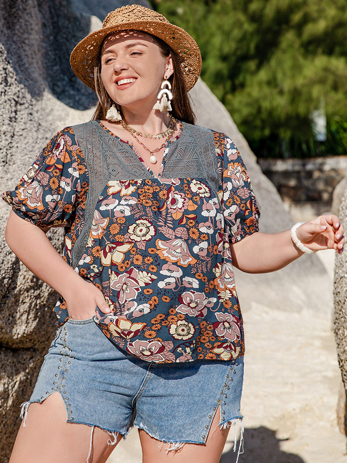 Plus Size Printed Notched Half Sleeve Blouse Dresses & Tops