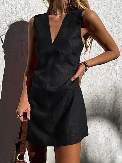 V-neck Cotton And Linen Sleeveless Dress Women's Solid Color Vest Short Skirt apparel & accessories