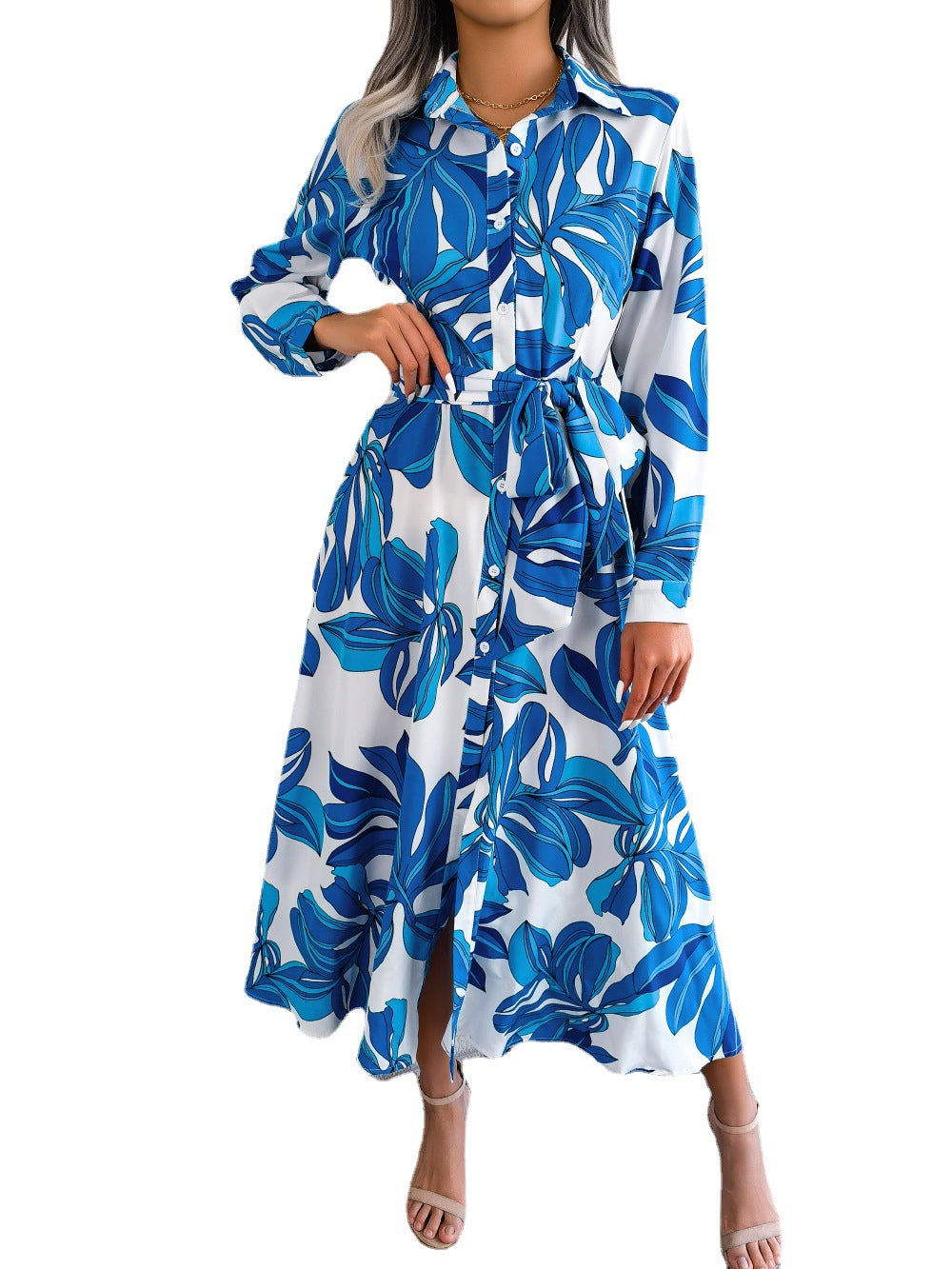 Contrast Color Flower Lapel Tied Shirt Dress Long Skirt apparel & accessories