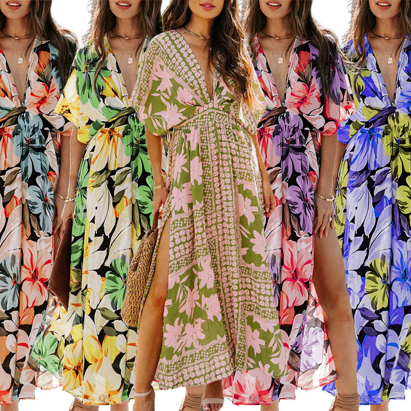 Summer New Hot Girl Fashion Printed Deep V Split Dress For Women apparels & accessories