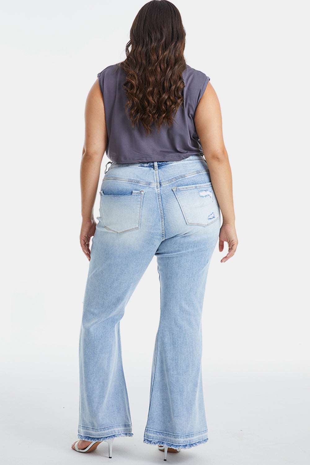 BAYEAS Full Size Distressed Raw Hem High Waist Flare Jeans apparel & accessories