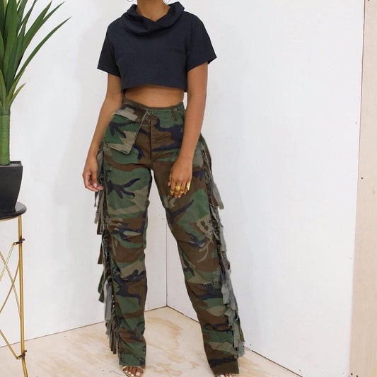 Women's Fashion Camouflage On Side Tassel Large Pocket Button Trousers apparel & accessories