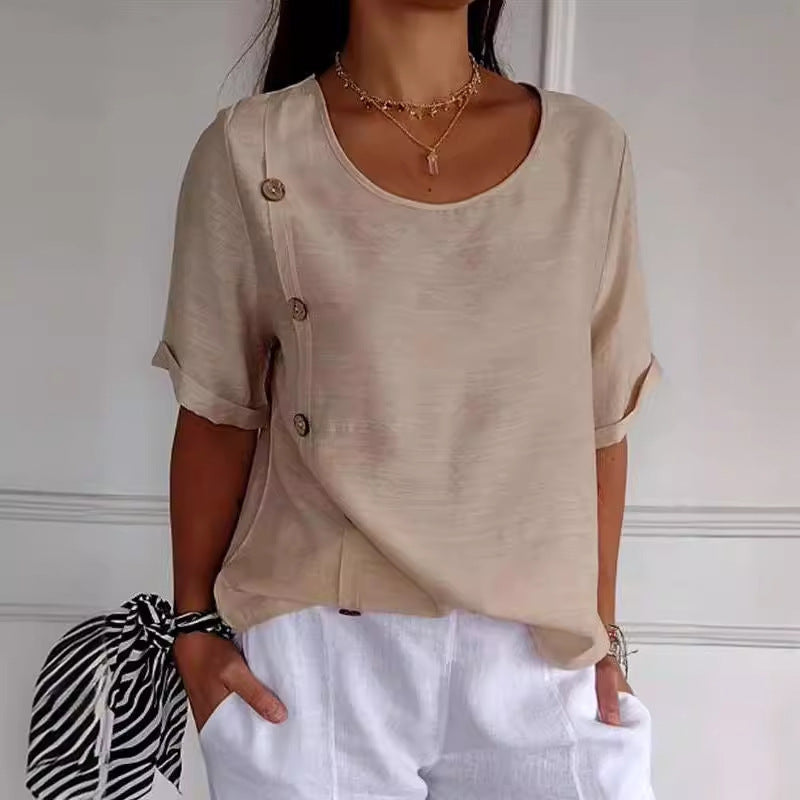 Casual Cotton And Linen Style Shirt Single Row Button Top Women's European And American apparel & accessories