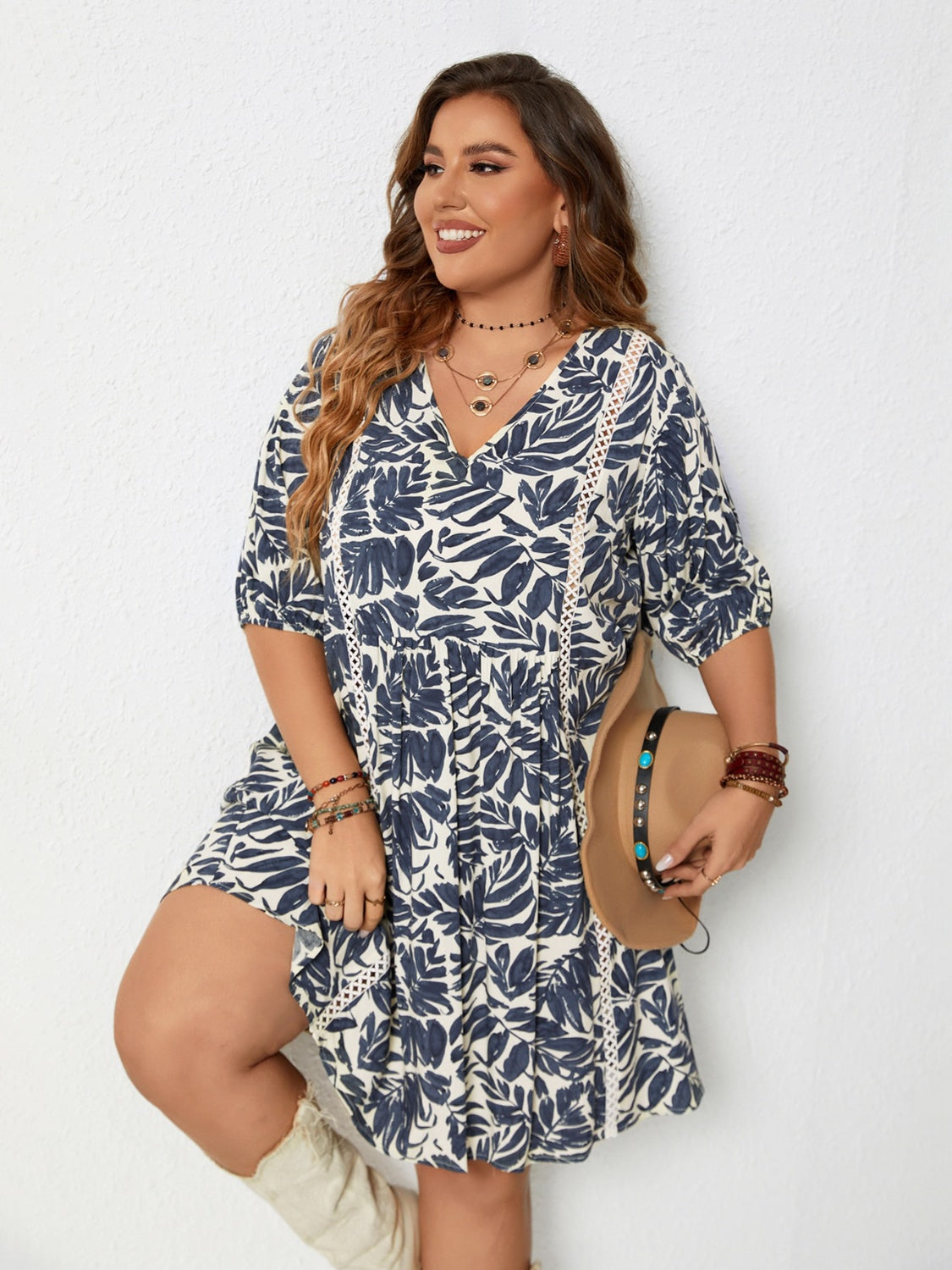 Plus Size Printed V-Neck Half Sleeve Mini Dress Dresses & Tops