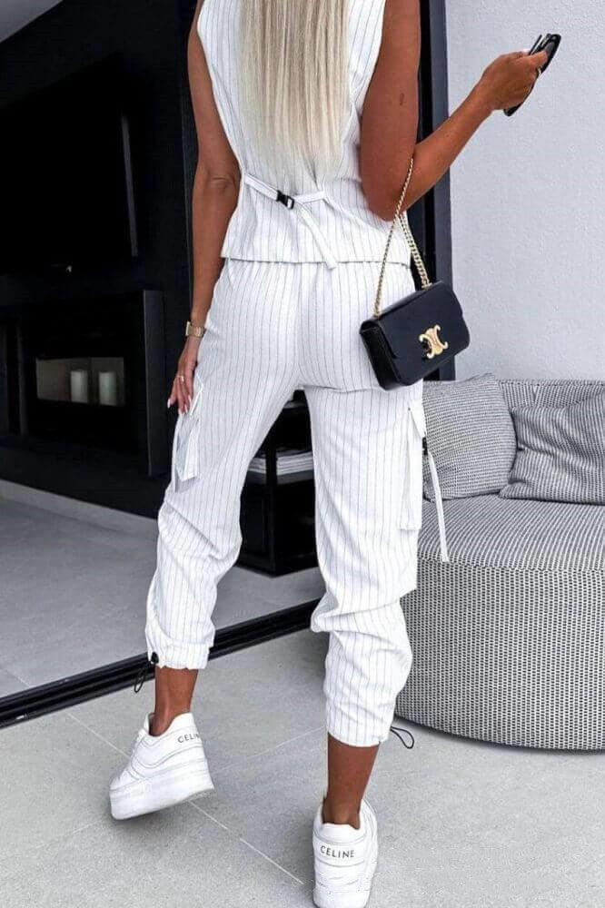 Women's Clothing Fashion White Striped Sleeveless Vest Suit Leisure Commute Cropped Pants apparel & accessories