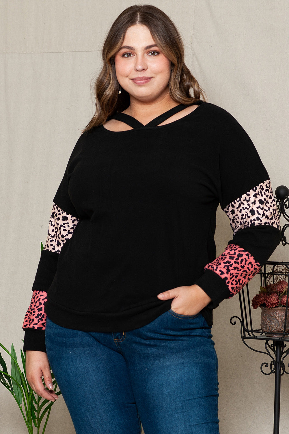 Plus Size Leopard Dropped Shoulder Long Sleeve T-Shirt Dresses & Tops