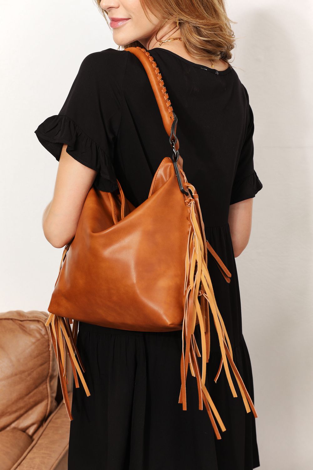 SHOMICO PU Leather Fringe Detail Shoulder Bag apparel & accessories