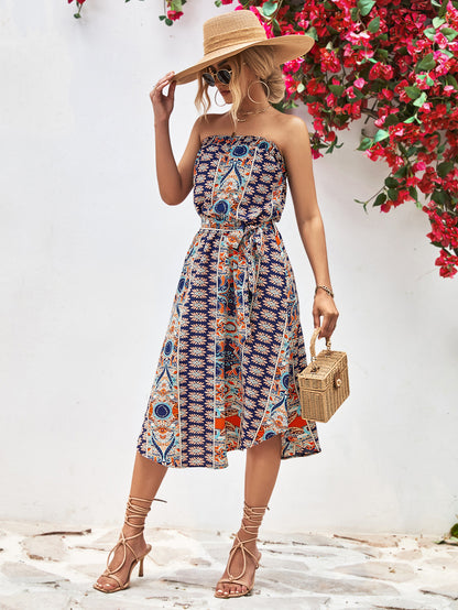 Printed Strapless Tie Belt Dress apparel & accessories