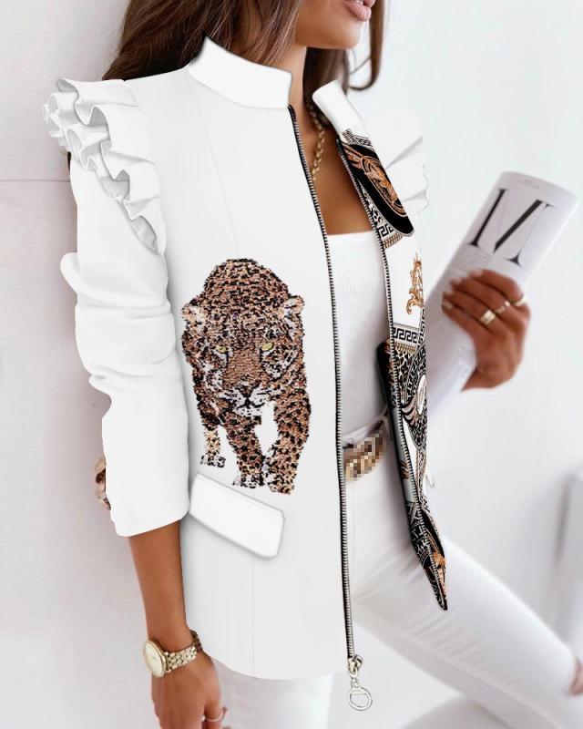 Check Leopard Print Zip Ruffle Shoulder Jacket apparels & accessories