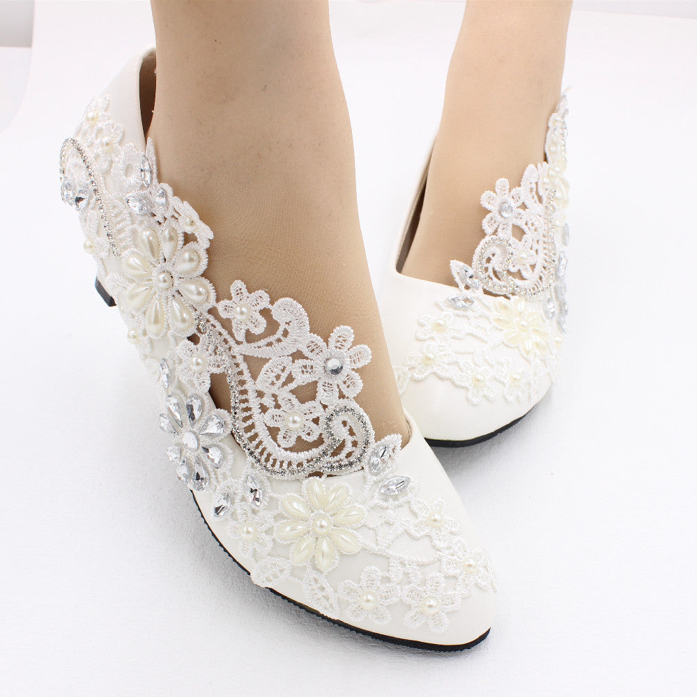 White High-heeled Wedding Shoes Lace Rhinestone Bridal Shoes & Bags