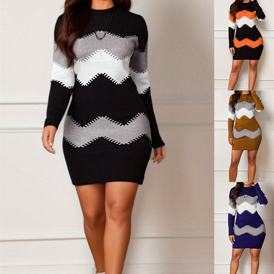 Mid-length Short Skirt Round Neck Long Sleeve Printed Knitted Sheath Dress apparel & accessories