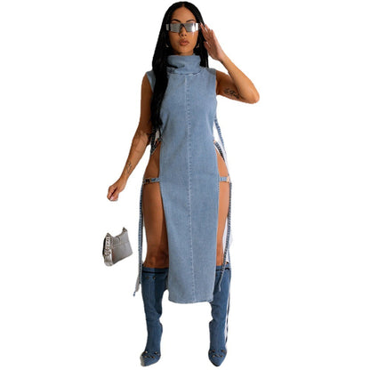 Denim Washed High Collar Dress Women apparels & accessories