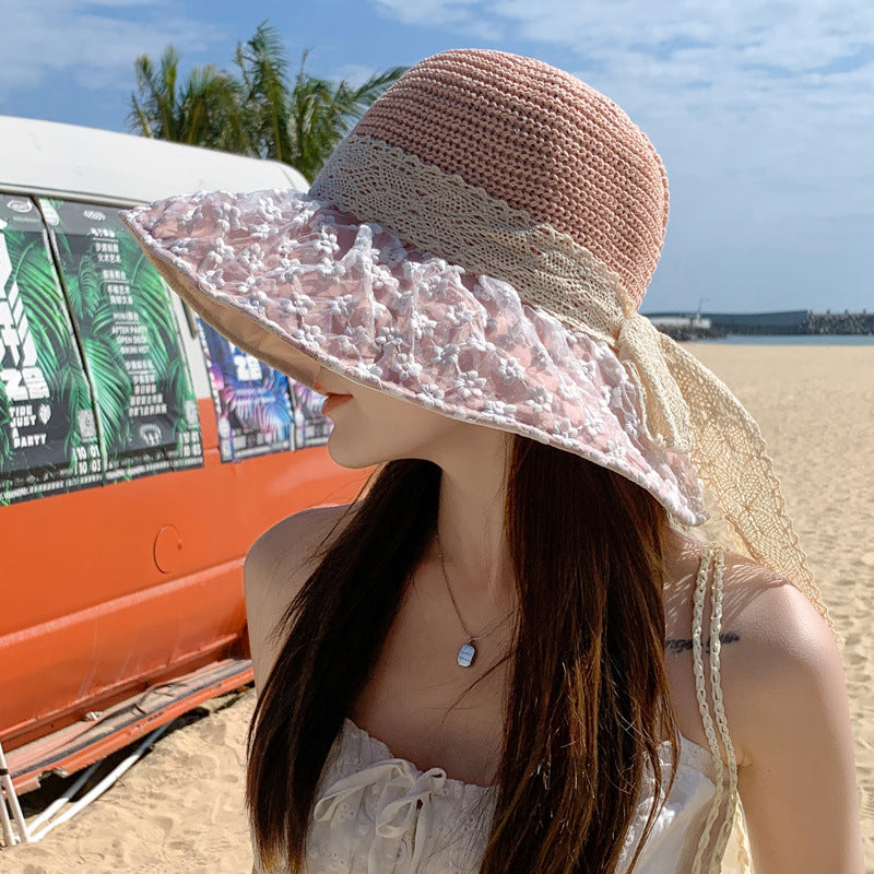 Lace Bow Straw Fisherman Hat Summer Outdoor Sunhat With Large Brim Anti-UV Sunshade And Face Protection Hat apparels & accessories