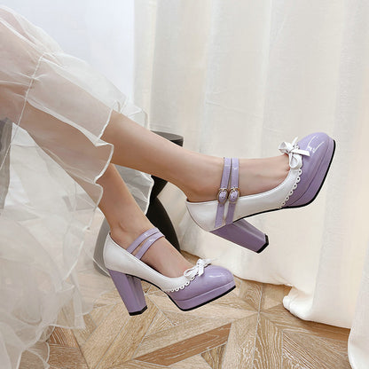 Round Toe Bowknot Color Matching Patent Leather Hollow Buckle High Heels Shoes & Bags