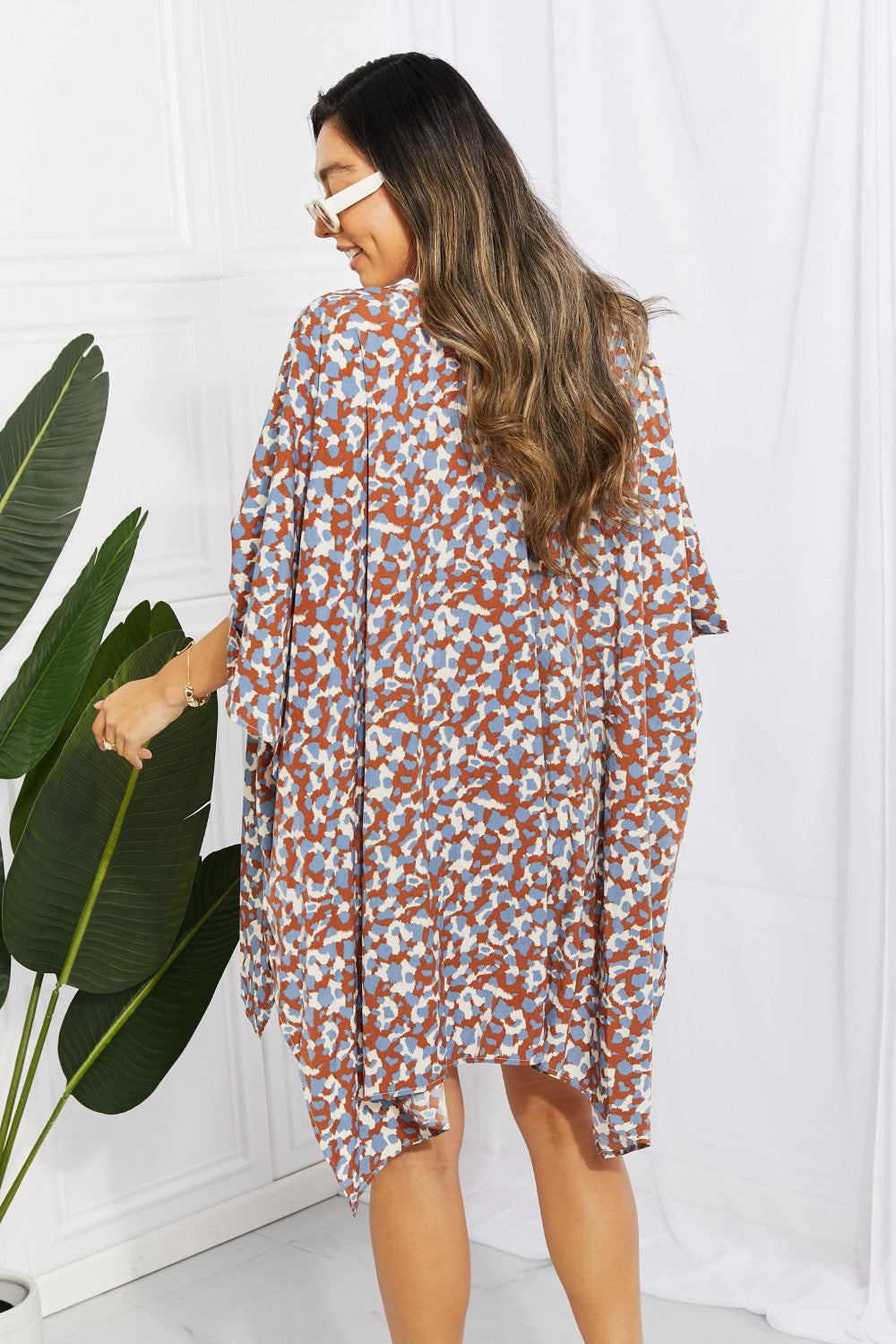 Printed Open Front Three-Quarter Sleeve Cover Up 