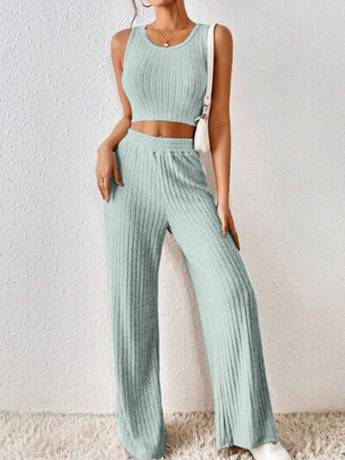 Ribbed Round Neck Tank and Pants Sweater Set apparel & accessories